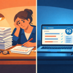 Split-scene illustration of a teacher's desk showing a tired teacher grading paper essays under warm light on the left, and a laptop with an AI grading dashboard glowing cool blue on the right — flat, modern editorial style with soft shadows and muted colors.”“Split-scene illustration of a teacher's desk showing a tired teacher grading paper essays under warm light on the left, and a laptop with an AI grading dashboard glowing cool blue on the right — flat, modern editorial style with soft shadows and muted colors.