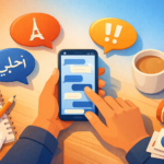 “Top-down illustration of hands holding a smartphone with multilingual chat bubbles in French, Spanish, and Arabic floating around, surrounded by study items like a notebook, pencil, coffee mug, and headphones on a warm blue-orange gradient background