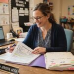 Special education teacher reviewing an IEP document with a student's folder on the desk